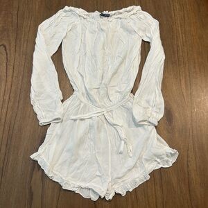 Brandy Melville White Off-Shoulder Cotton Ruffle Belted Romper One Size